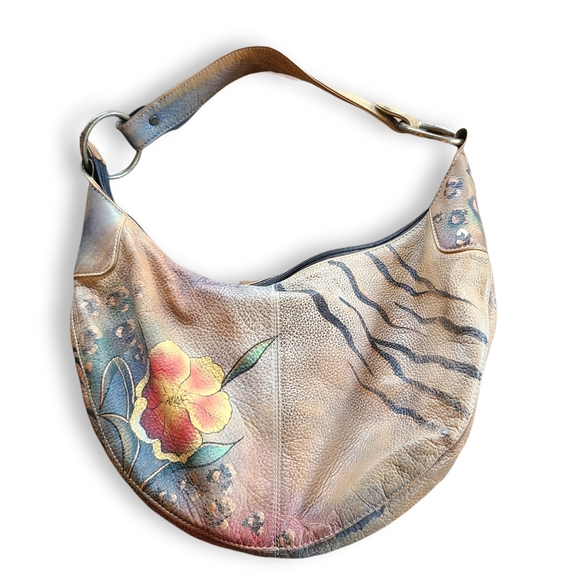2012 Anuschka Slouch Hobo Purse Bag Leopard Flower Butterfly - Picture 2 of 8